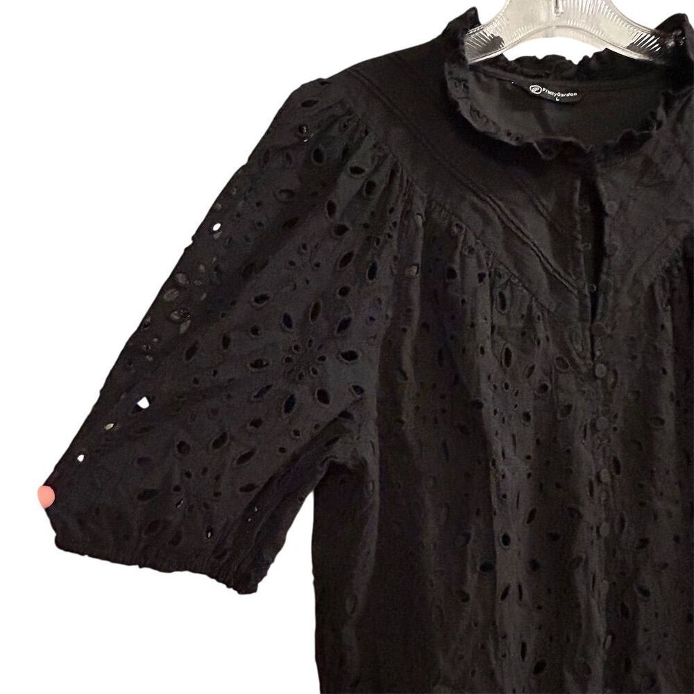 PrettyGarden Women's Black Embroidered‎ Blouse L Long Puff Sleeve - Picture 4 of 14